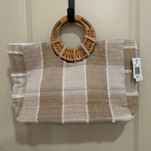 NEW w/TAGS L*Space Deep Seas Tan and White Beach Tote Bag with Bamboo Handle - Picture 2 of 9